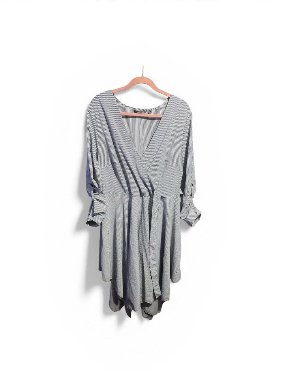 Mlle Gabrielle Handkerchief Dress Women’s 2X Faux Wrap Pinstripe Asymmetrical